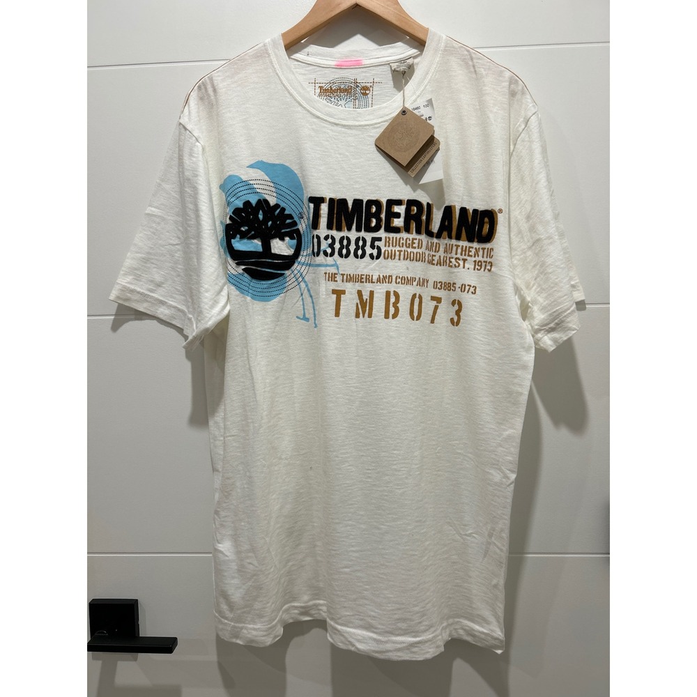Y2K Timberland Earthkeepers Men's White Graphic T-Shirt Organic Cotton Blend M